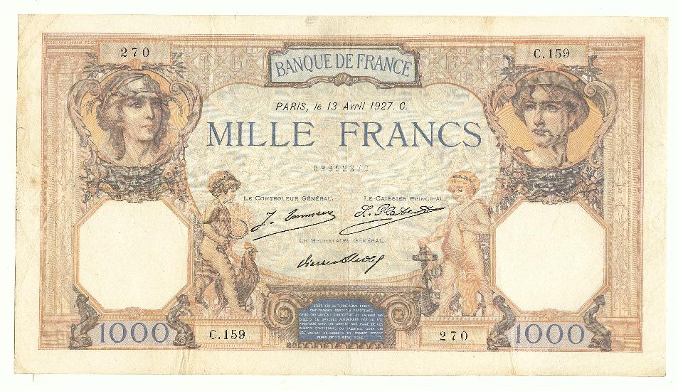 1000 Francs (Cérès and Mercure) 13/4/1927 VF+
